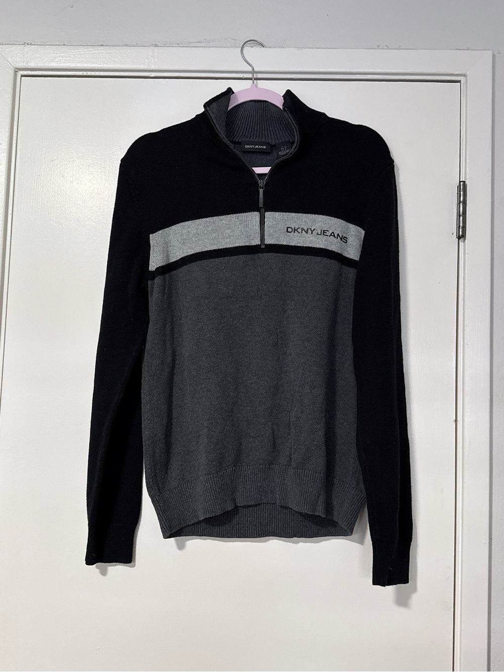 Dkny Men’s Black and Gray Half-Zip Sweater with Contrast Band